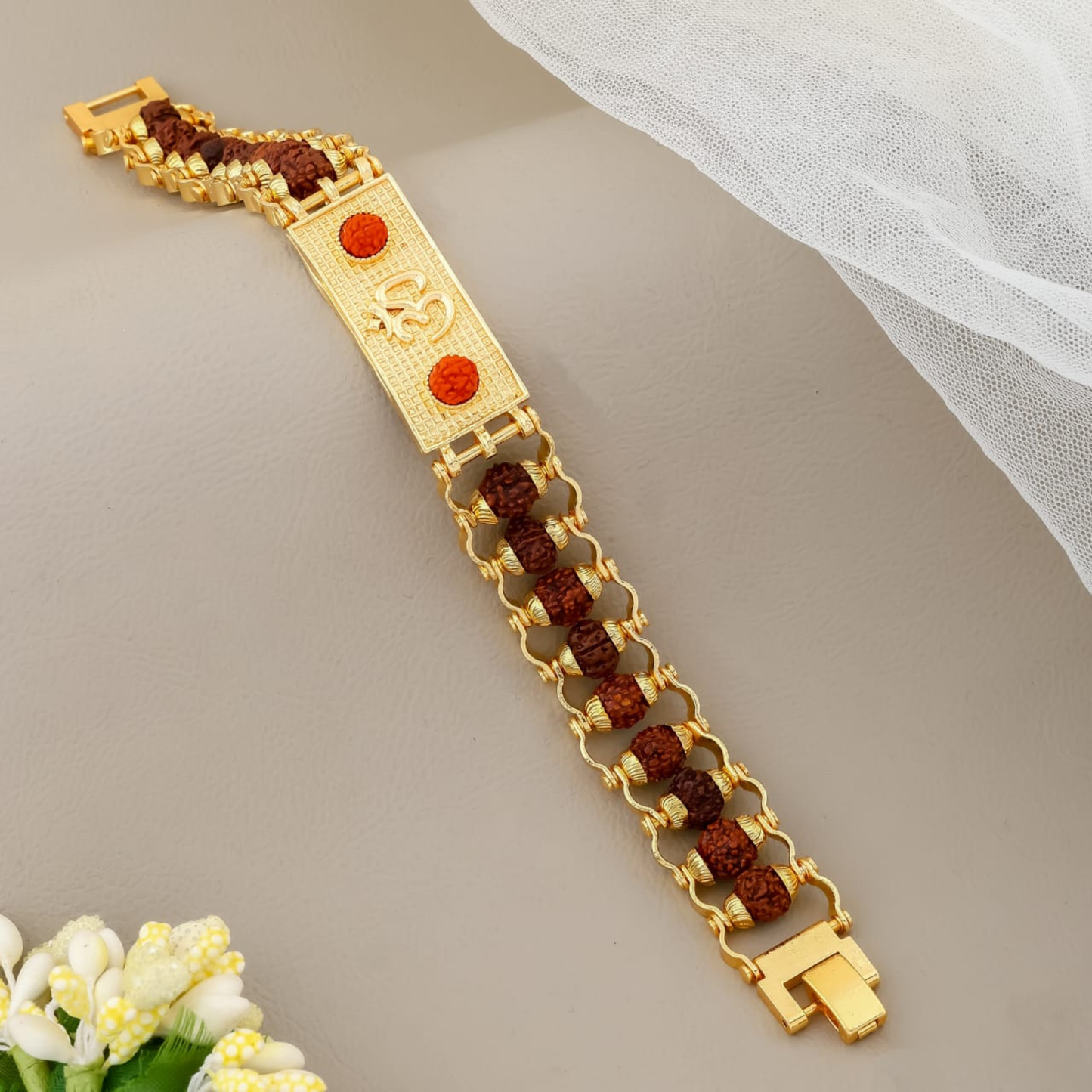 Gold Plated Om Rudraksha Bracelet for Men & Women | Authentic 5 Mukhi