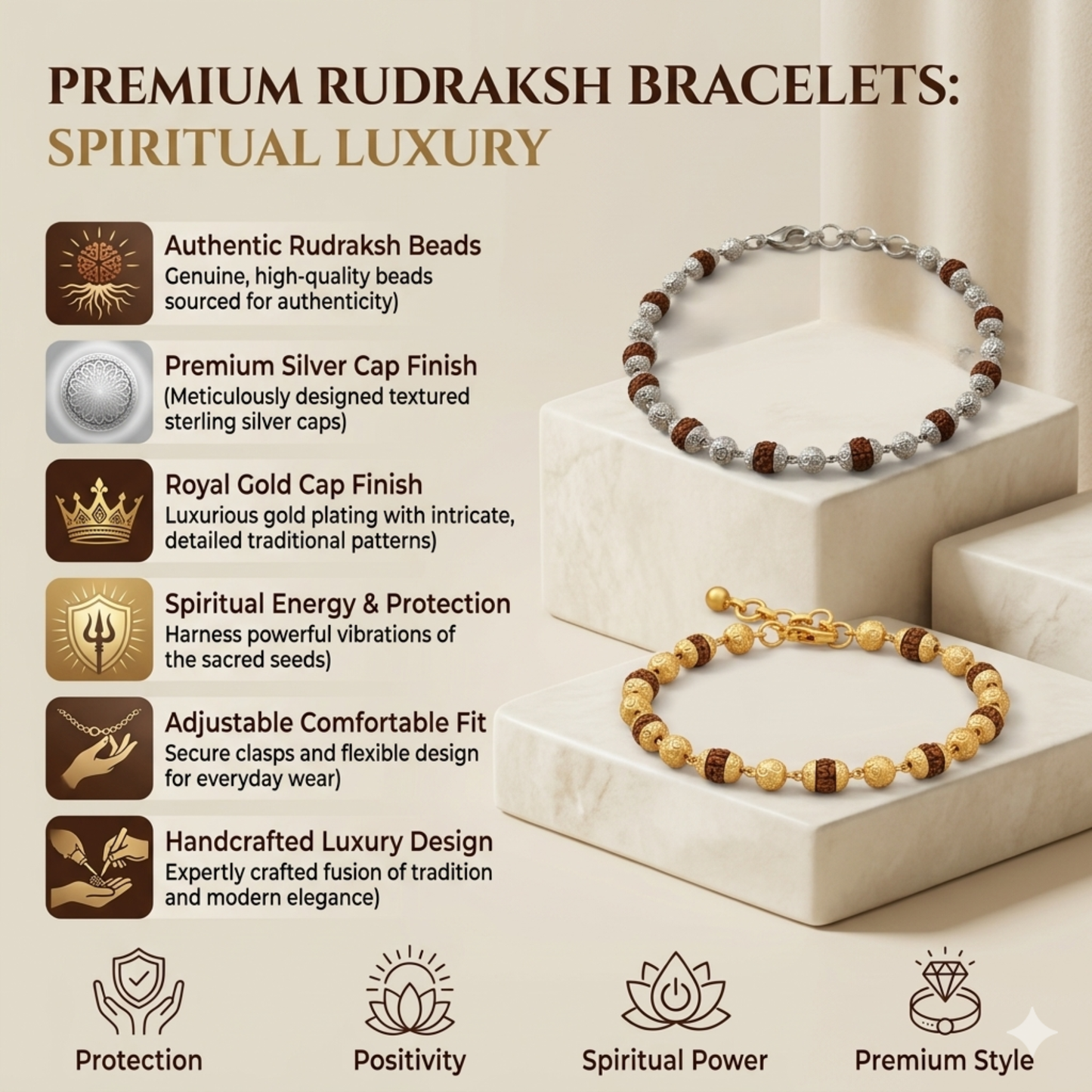 Premium Rudraksha Healing Bracelet – Gold Cap & Silver Cap | Authentic Beads, Adjustable Design, Spiritual Protection