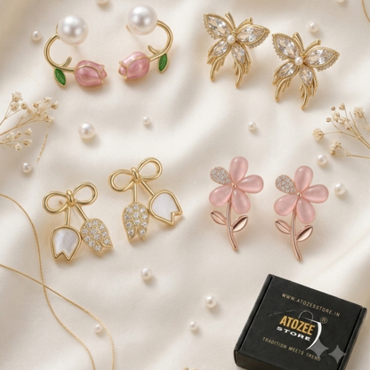 Korean Floral Earrings Combo – Set of 4 Styles | Pink Flower, Bow Tulip, Pearl Rose & Crystal Butterfly