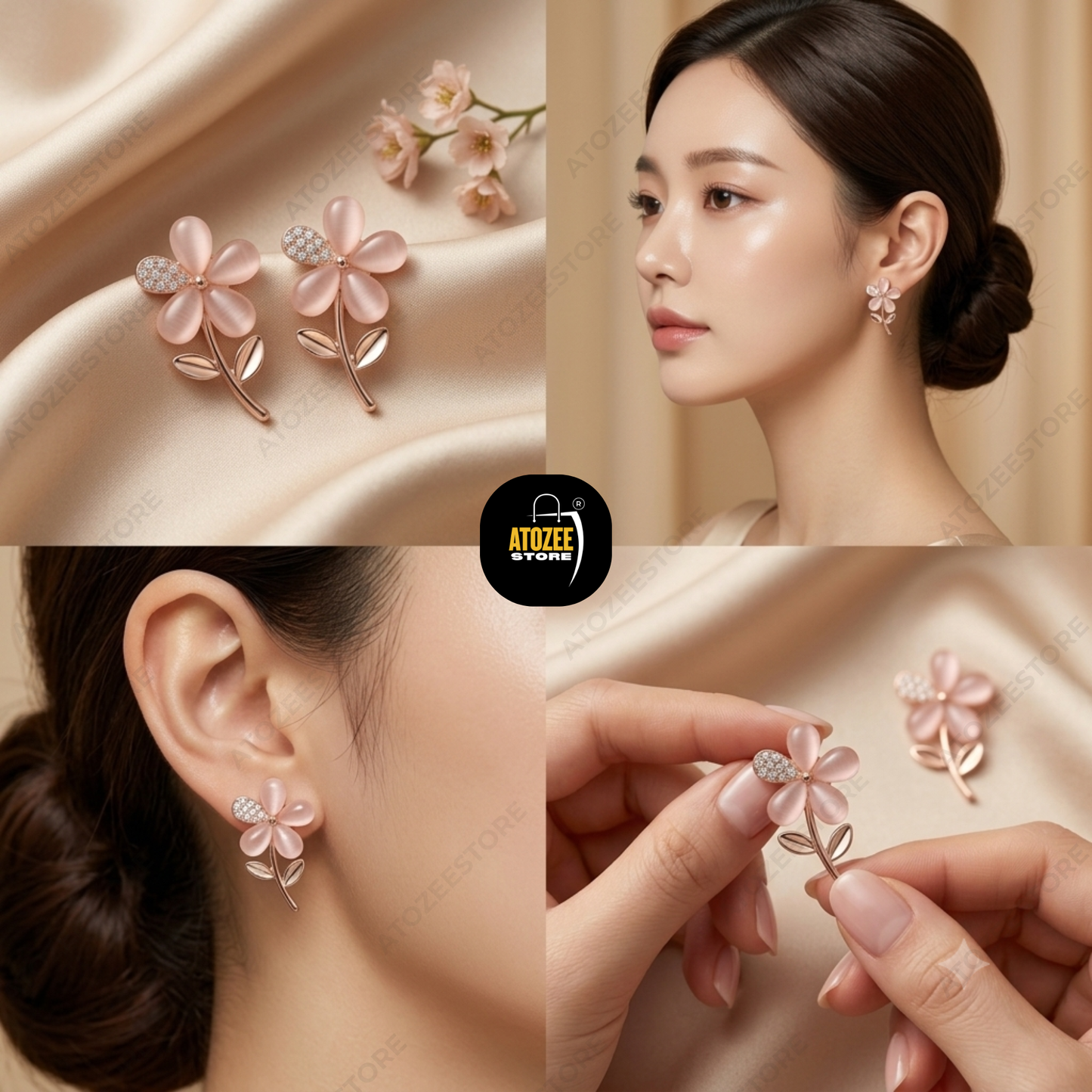Korean Floral Earrings Combo – Set of 4 Styles | Pink Flower, Bow Tulip, Pearl Rose & Crystal Butterfly