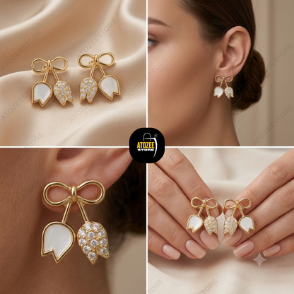 Korean Floral Earrings Combo – Set of 4 Styles | Pink Flower, Bow Tulip, Pearl Rose & Crystal Butterfly