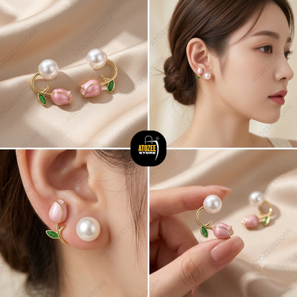 Korean Floral Earrings Combo – Set of 4 Styles | Pink Flower, Bow Tulip, Pearl Rose & Crystal Butterfly