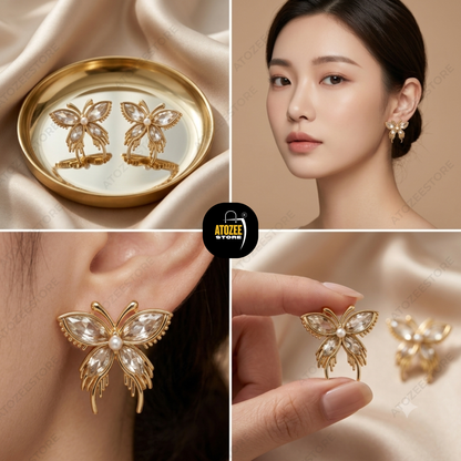 Korean Floral Earrings Combo – Set of 4 Styles | Pink Flower, Bow Tulip, Pearl Rose & Crystal Butterfly