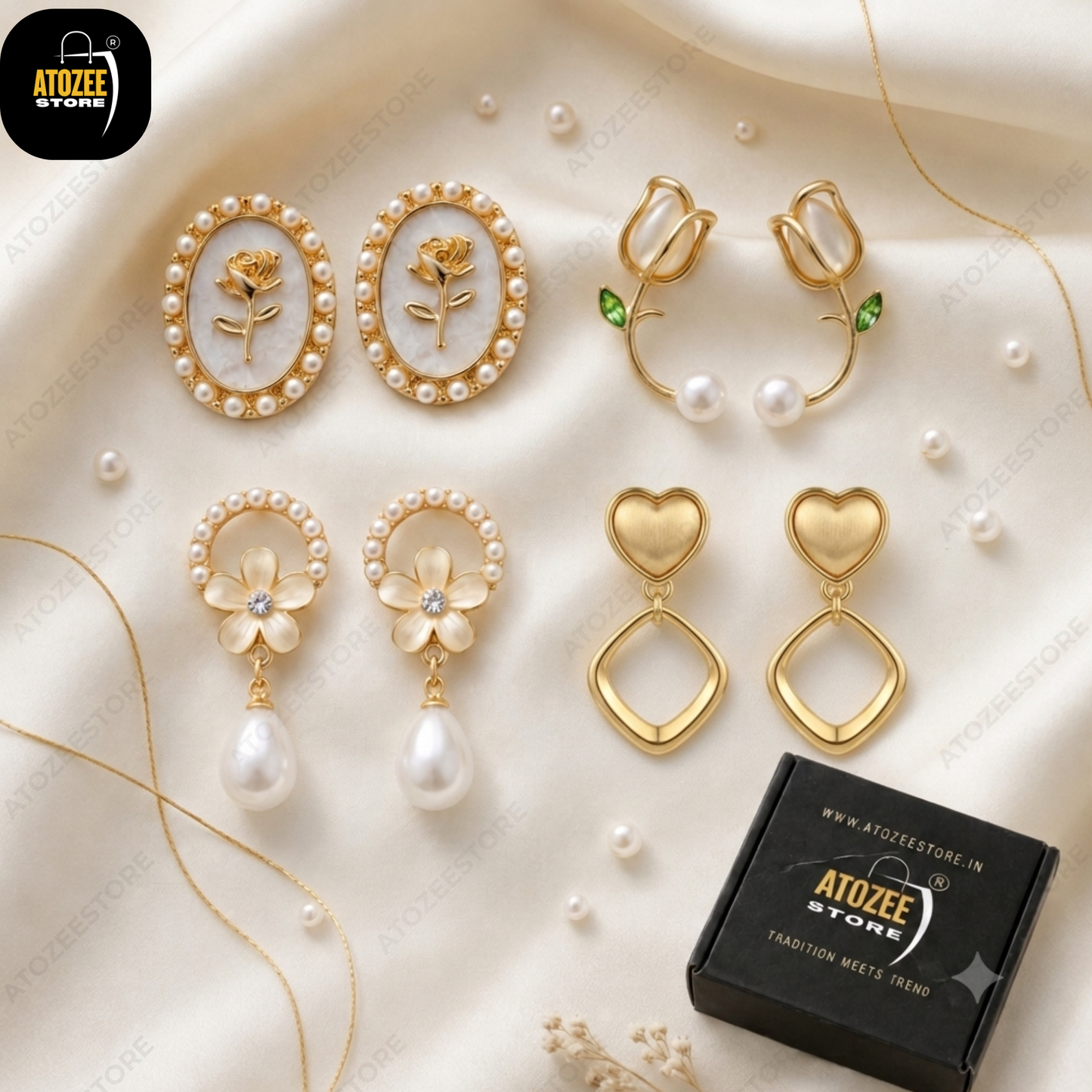 Botanical Pearl Earrings Combo – Set of 4 | Tulip Oval Studs, Tulip Ear Cuff, Pearl Flower Drop & Gold Heart