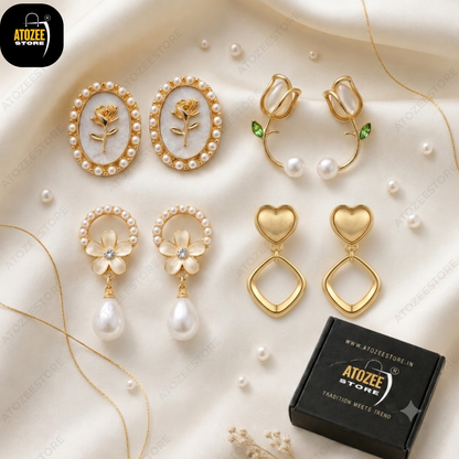 Botanical Pearl Earrings Combo – Set of 4 | Tulip Oval Studs, Tulip Ear Cuff, Pearl Flower Drop & Gold Heart