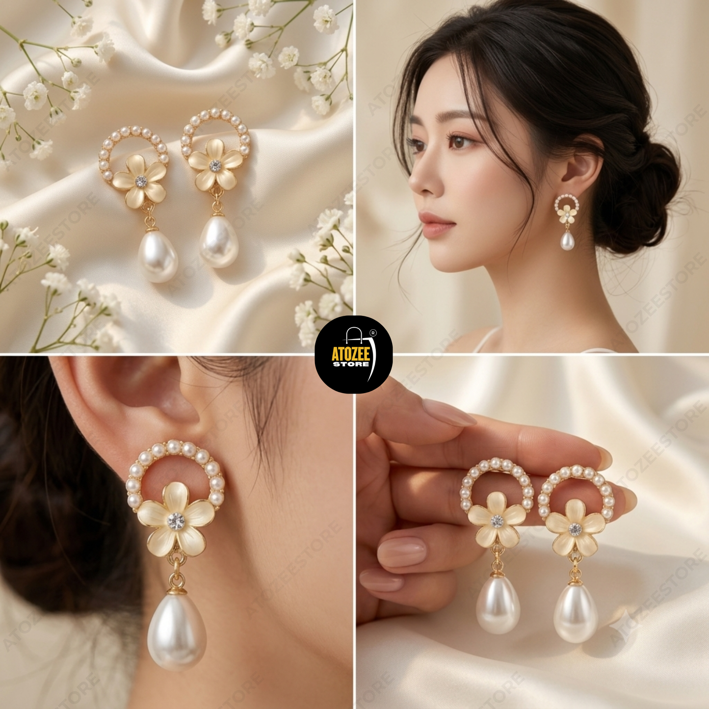 Botanical Pearl Earrings Combo – Set of 4 | Tulip Oval Studs, Tulip Ear Cuff, Pearl Flower Drop & Gold Heart