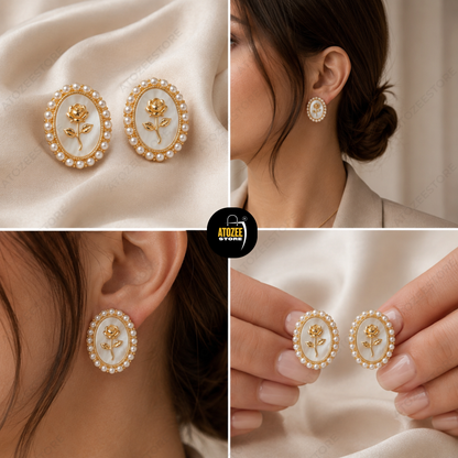 Botanical Pearl Earrings Combo – Set of 4 | Tulip Oval Studs, Tulip Ear Cuff, Pearl Flower Drop & Gold Heart