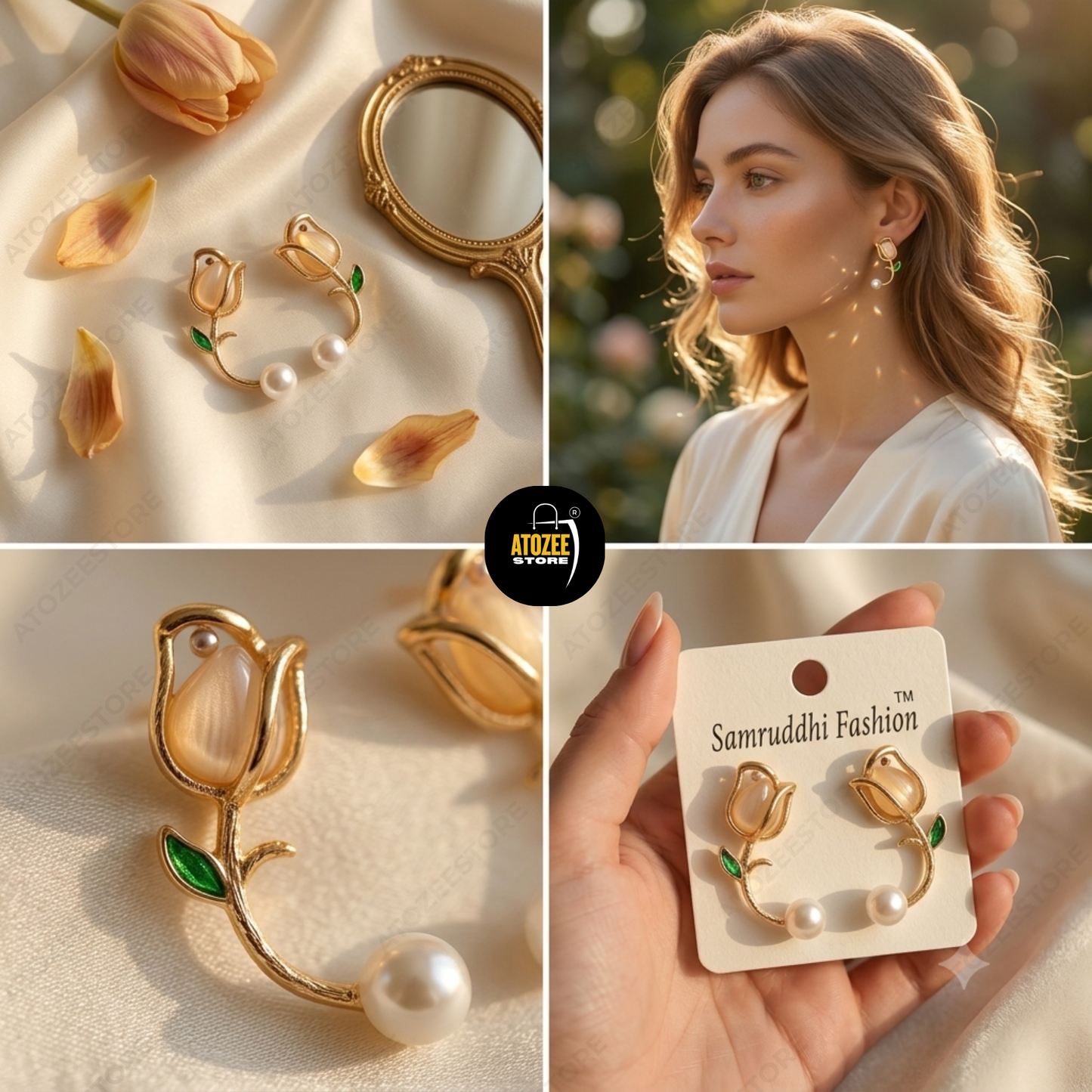 Botanical Pearl Earrings Combo – Set of 4 | Tulip Oval Studs, Tulip Ear Cuff, Pearl Flower Drop & Gold Heart
