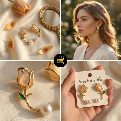 Botanical Pearl Earrings Combo – Set of 4 | Tulip Oval Studs, Tulip Ear Cuff, Pearl Flower Drop & Gold Heart