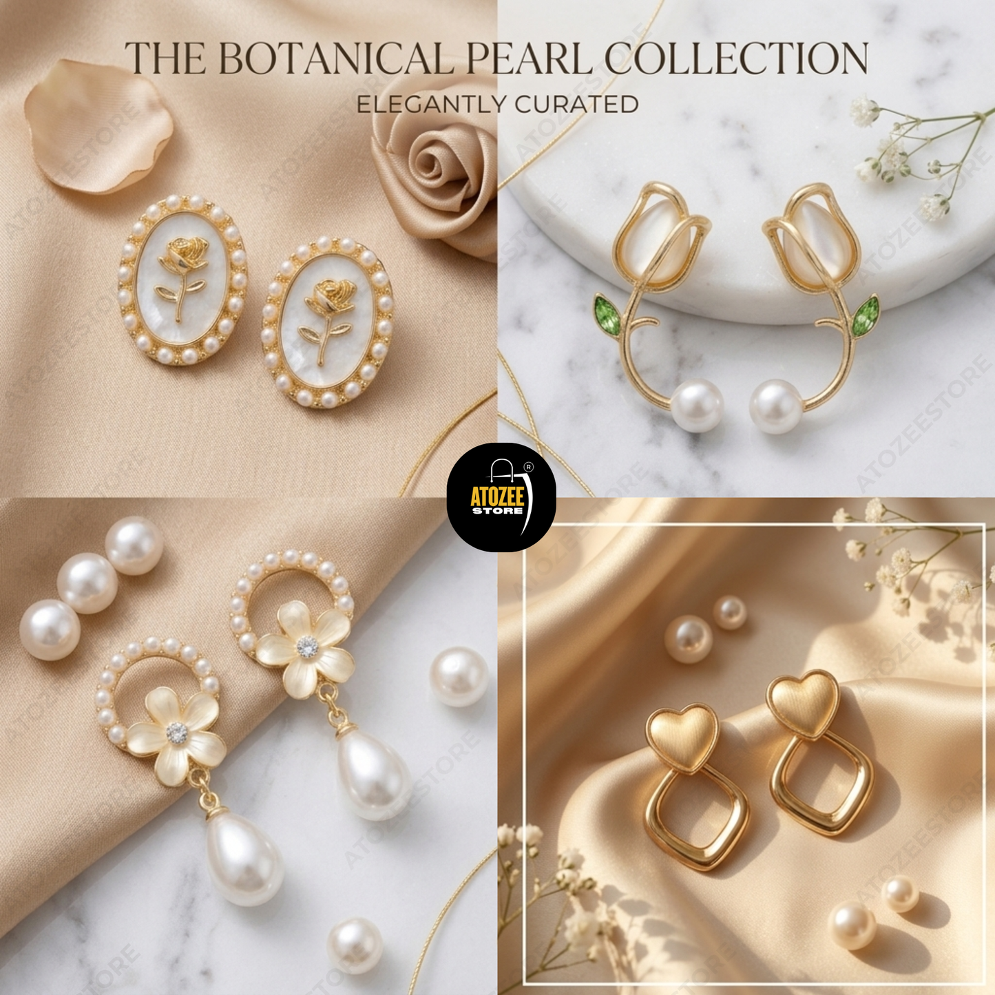 Botanical Pearl Earrings Combo – Set of 4 | Tulip Oval Studs, Tulip Ear Cuff, Pearl Flower Drop & Gold Heart