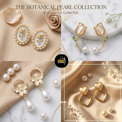 Botanical Pearl Earrings Combo – Set of 4 | Tulip Oval Studs, Tulip Ear Cuff, Pearl Flower Drop & Gold Heart