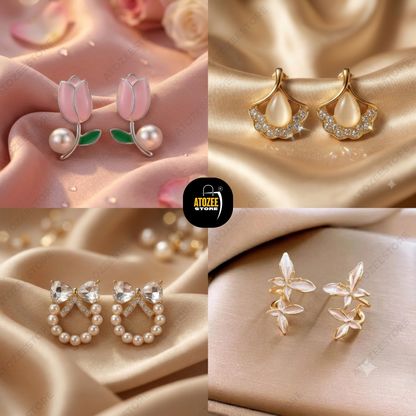 Korean Elegant Earrings Combo – Set of 4 Styles | Tulip, Opal Fan, Crystal Bow & Flower Studs