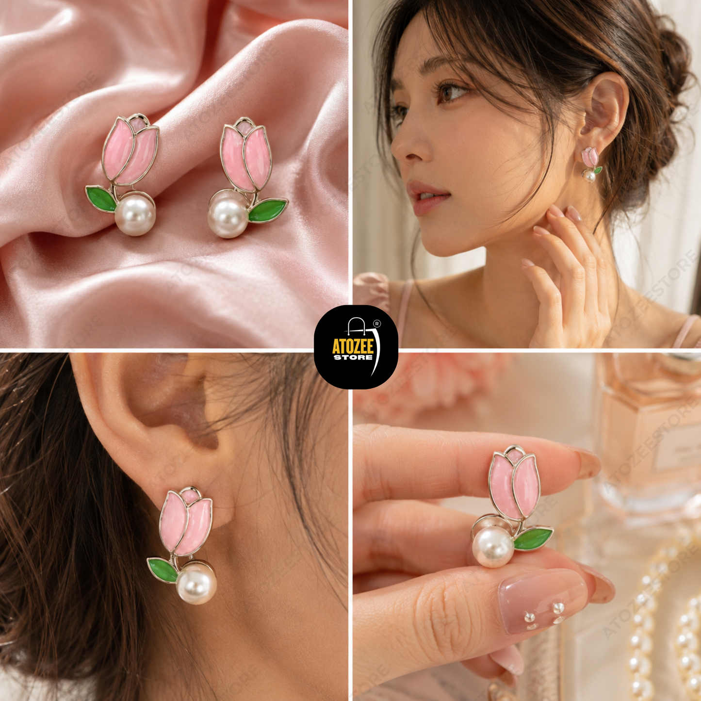 Korean Elegant Earrings Combo – Set of 4 Styles | Tulip, Opal Fan, Crystal Bow & Flower Studs