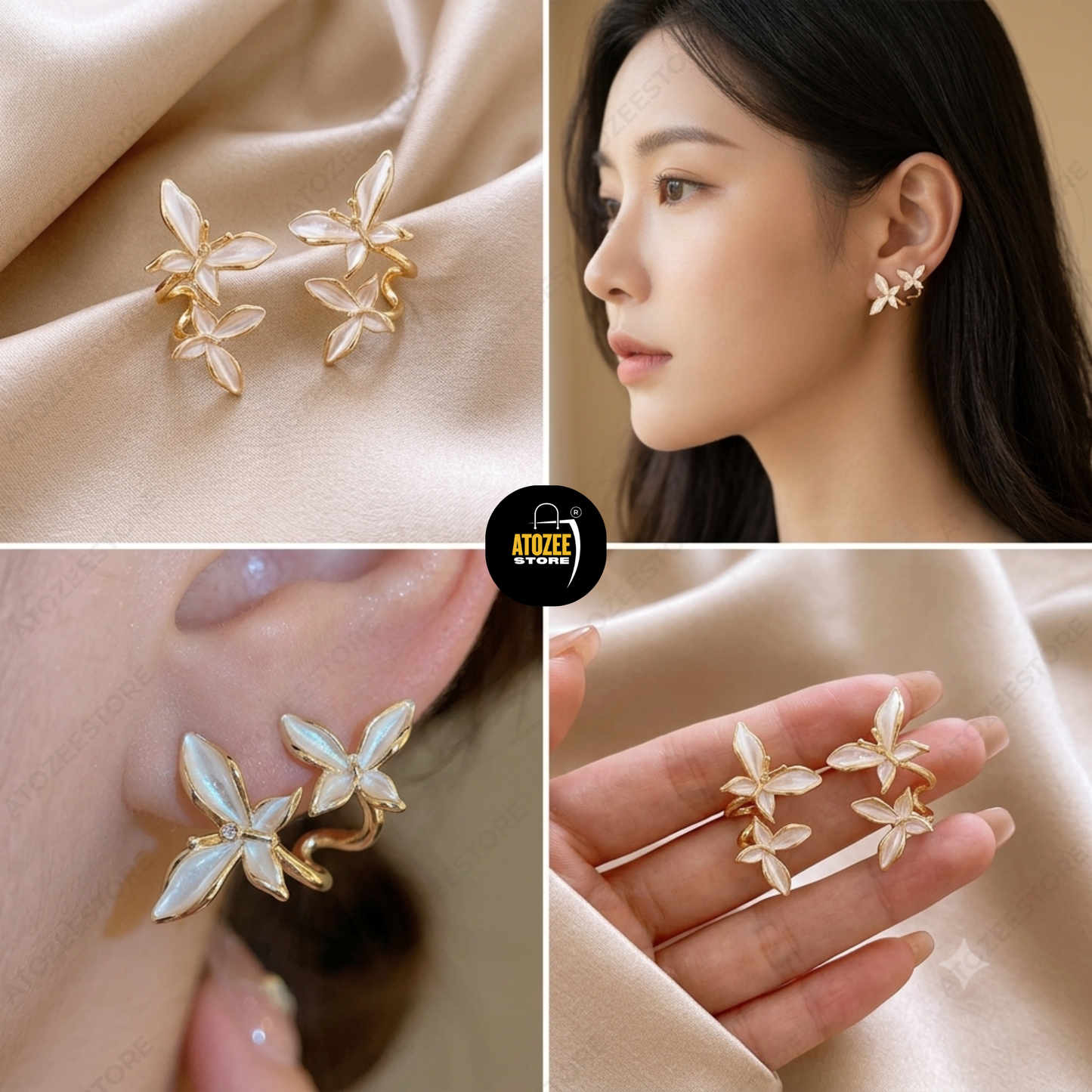 Korean Elegant Earrings Combo – Set of 4 Styles | Tulip, Opal Fan, Crystal Bow & Flower Studs