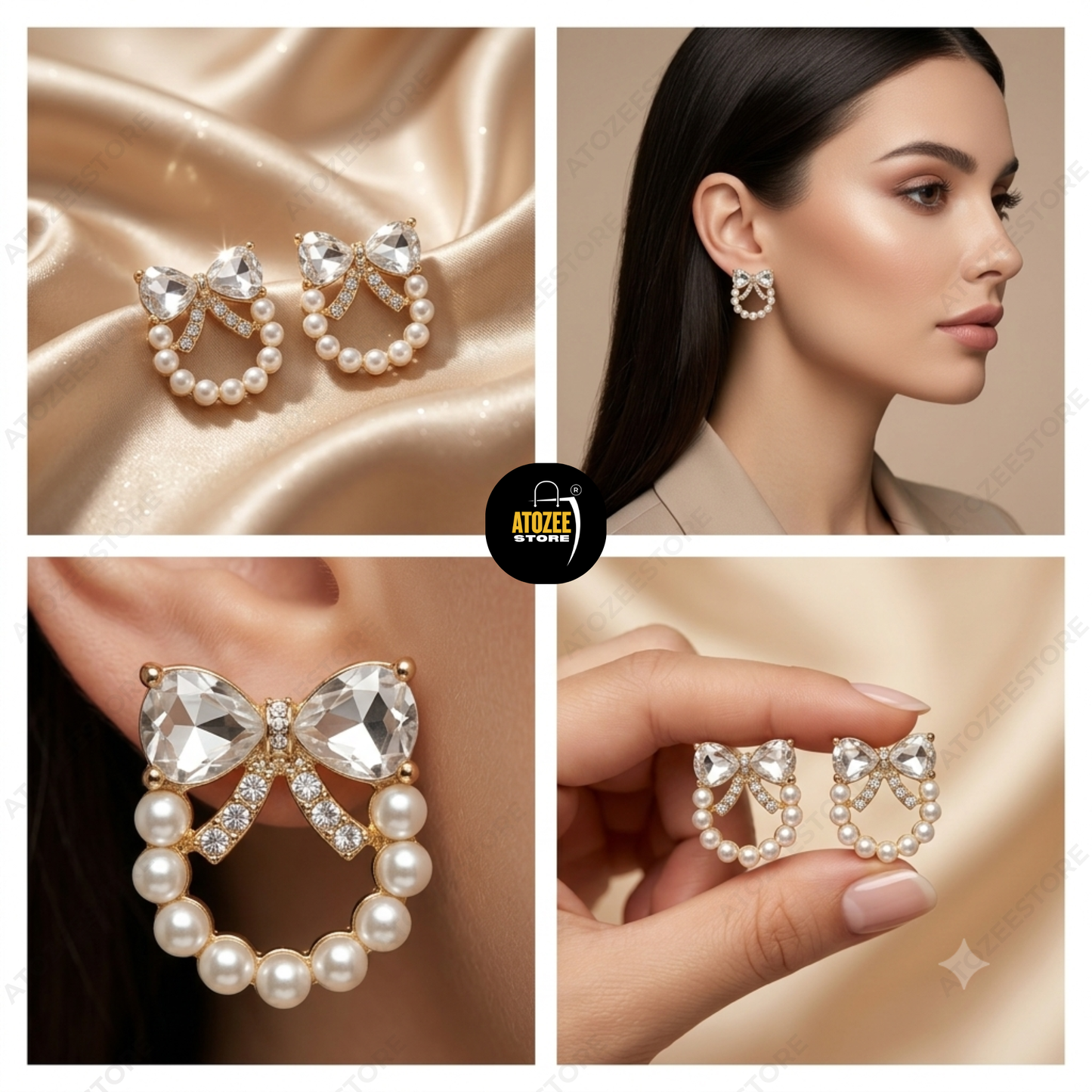 Korean Elegant Earrings Combo – Set of 4 Styles | Tulip, Opal Fan, Crystal Bow & Flower Studs