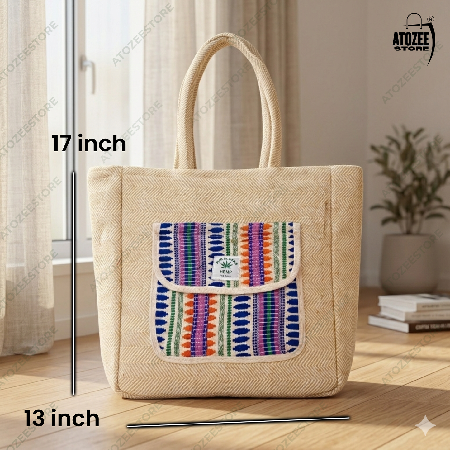 Women's Himalayan Hemp Beige Cream Tote Bag with Front Pocket – Boho Shoulder Bag