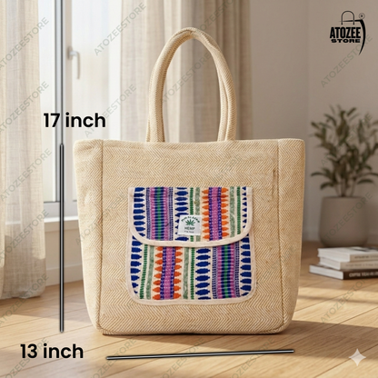 Women's Himalayan Hemp Beige Cream Tote Bag with Front Pocket – Boho Shoulder Bag